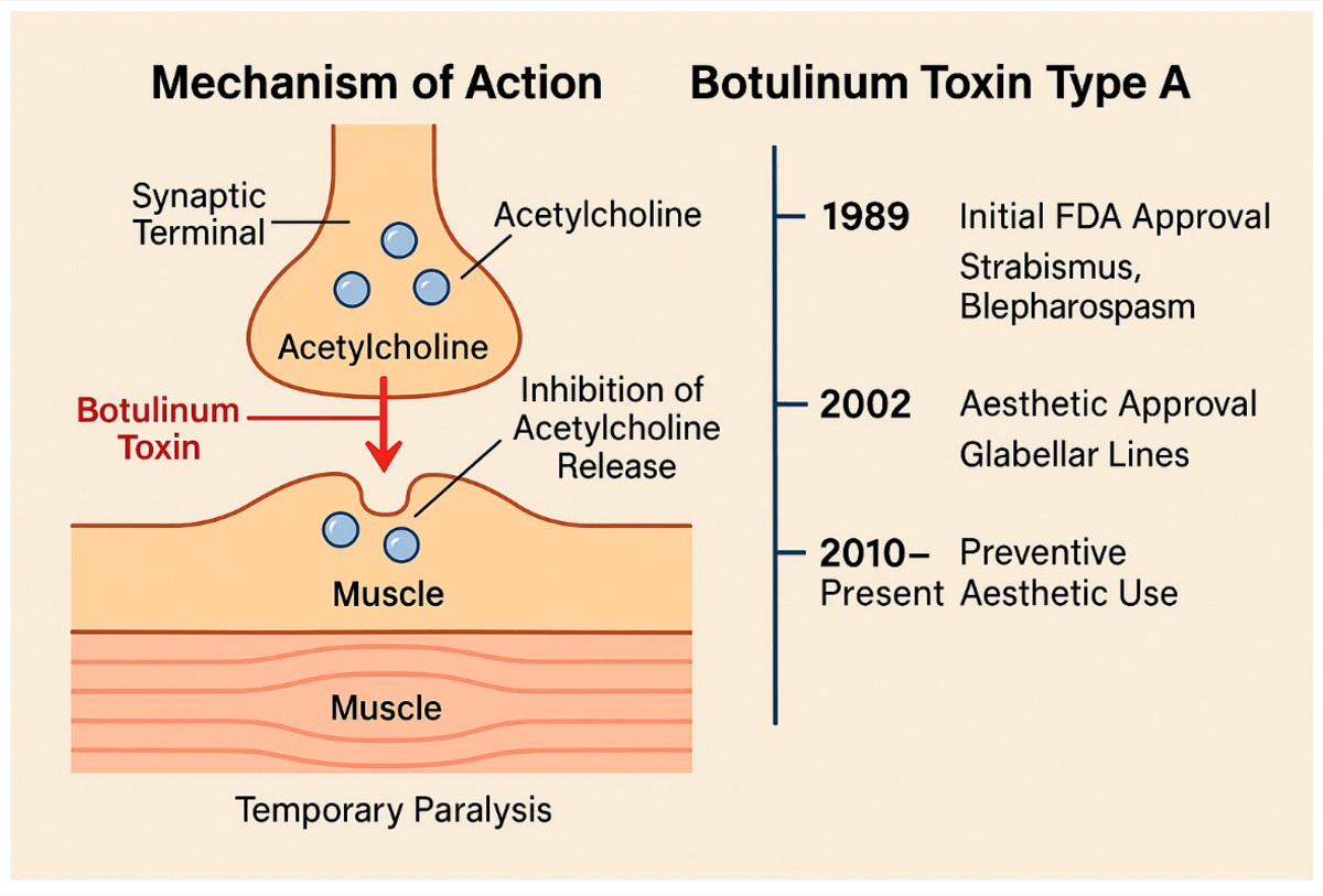 Mecanismul de acțiune al toxinei botulinice de tip A: blocarea eliberării de acetilcolină la joncțiunea neuromusculară, cu relaxarea temporară a mușchiului, și cronologia utilizării, de la aprobarea medicală din 1989 la folosirea preventivă din 2010 încoace